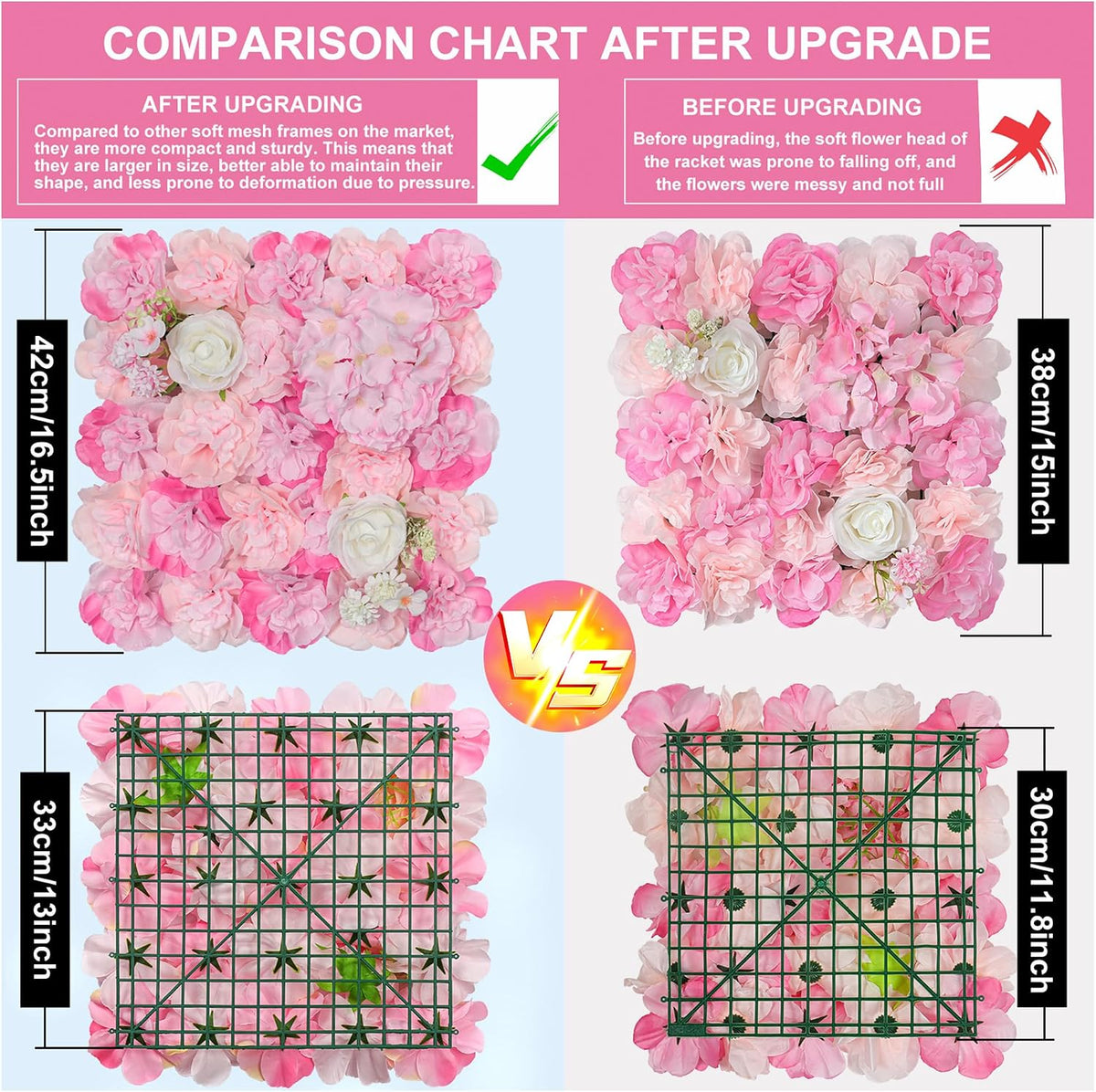 Flower Wall Backdrop 12pcs 16.5"x16.5"Artificial Floral Panels-Pink