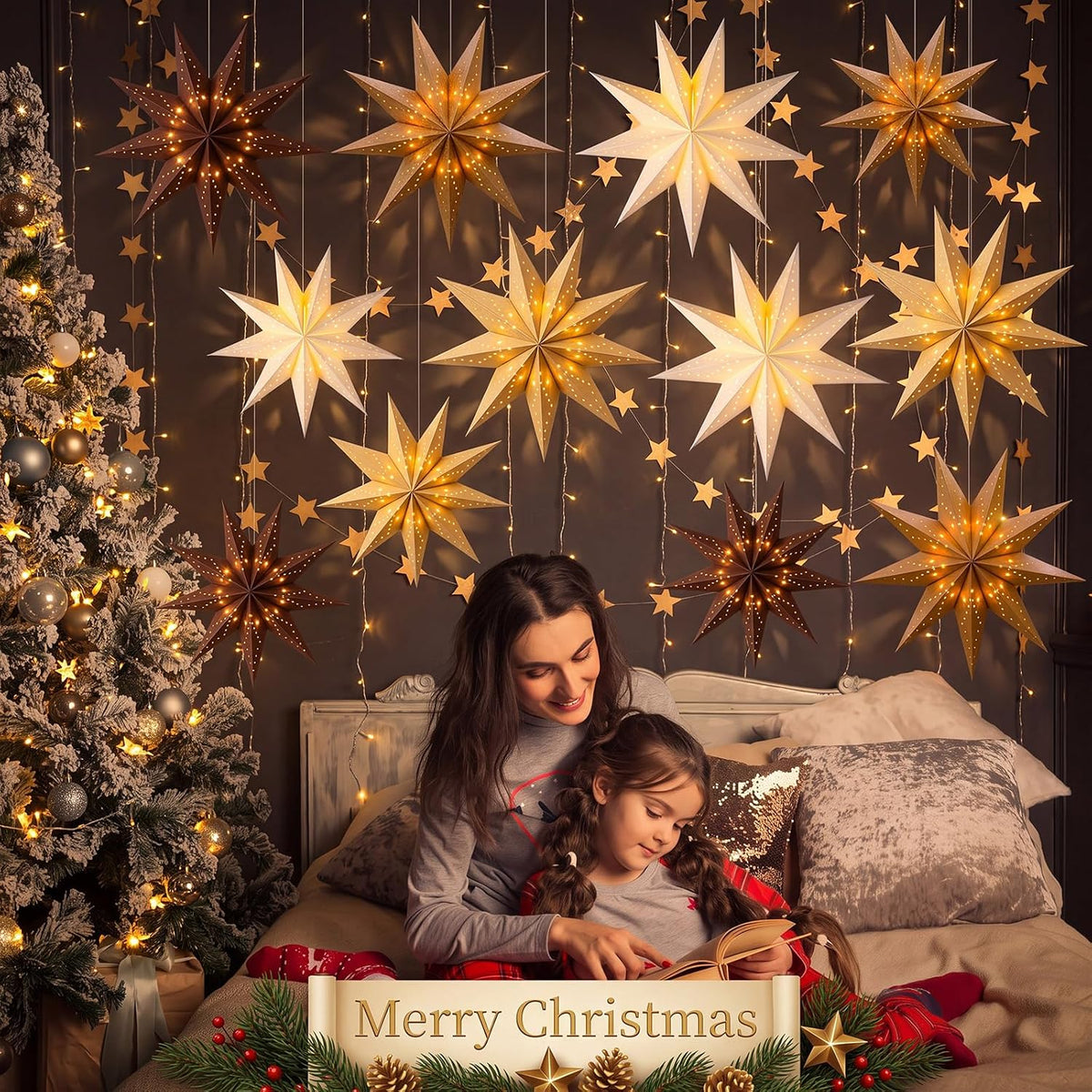Youyole 12 Set Christmas Paper Star Lantern with Lights, 9 Pointed