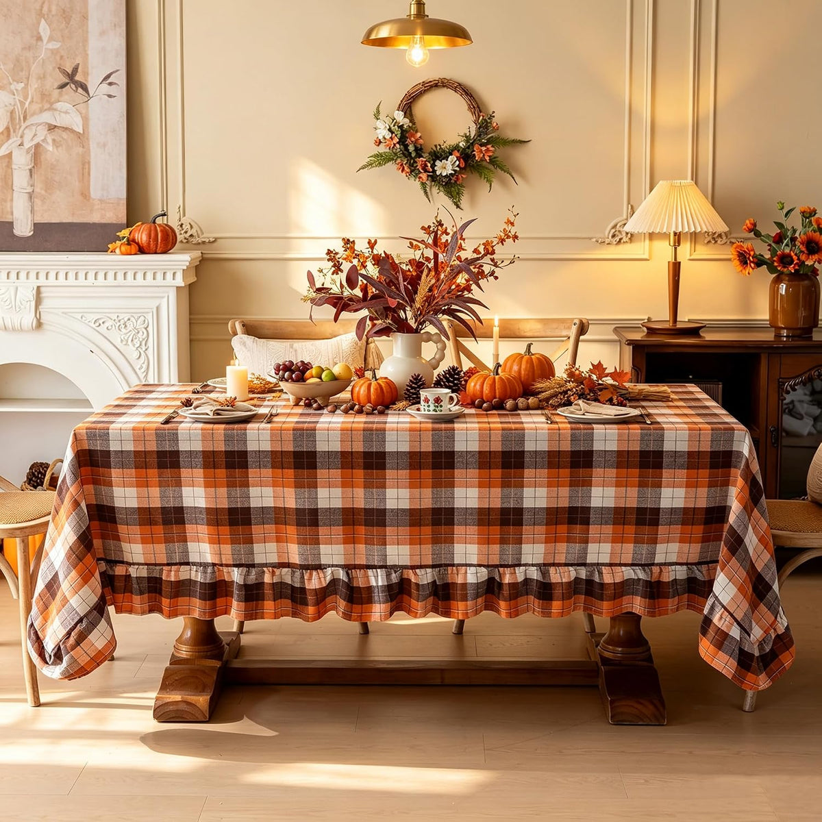 Joyfol Day Thanksgiving Ruffled Tablecloth, Orange Brown Tartan Plaid Vintage...