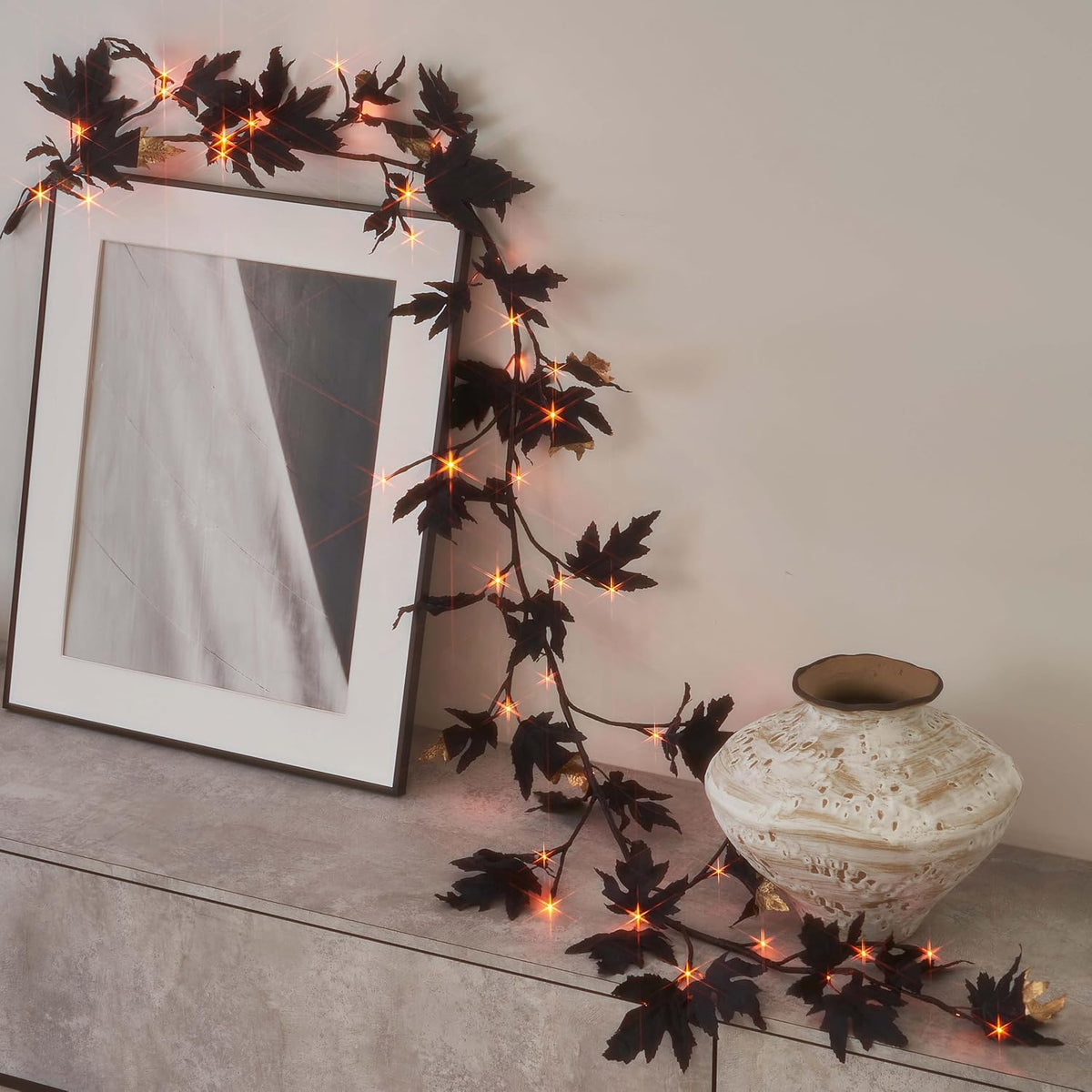 BAOLITVINE Lighted Halloween Black Maple Garland Battery Operated with 8 Func...