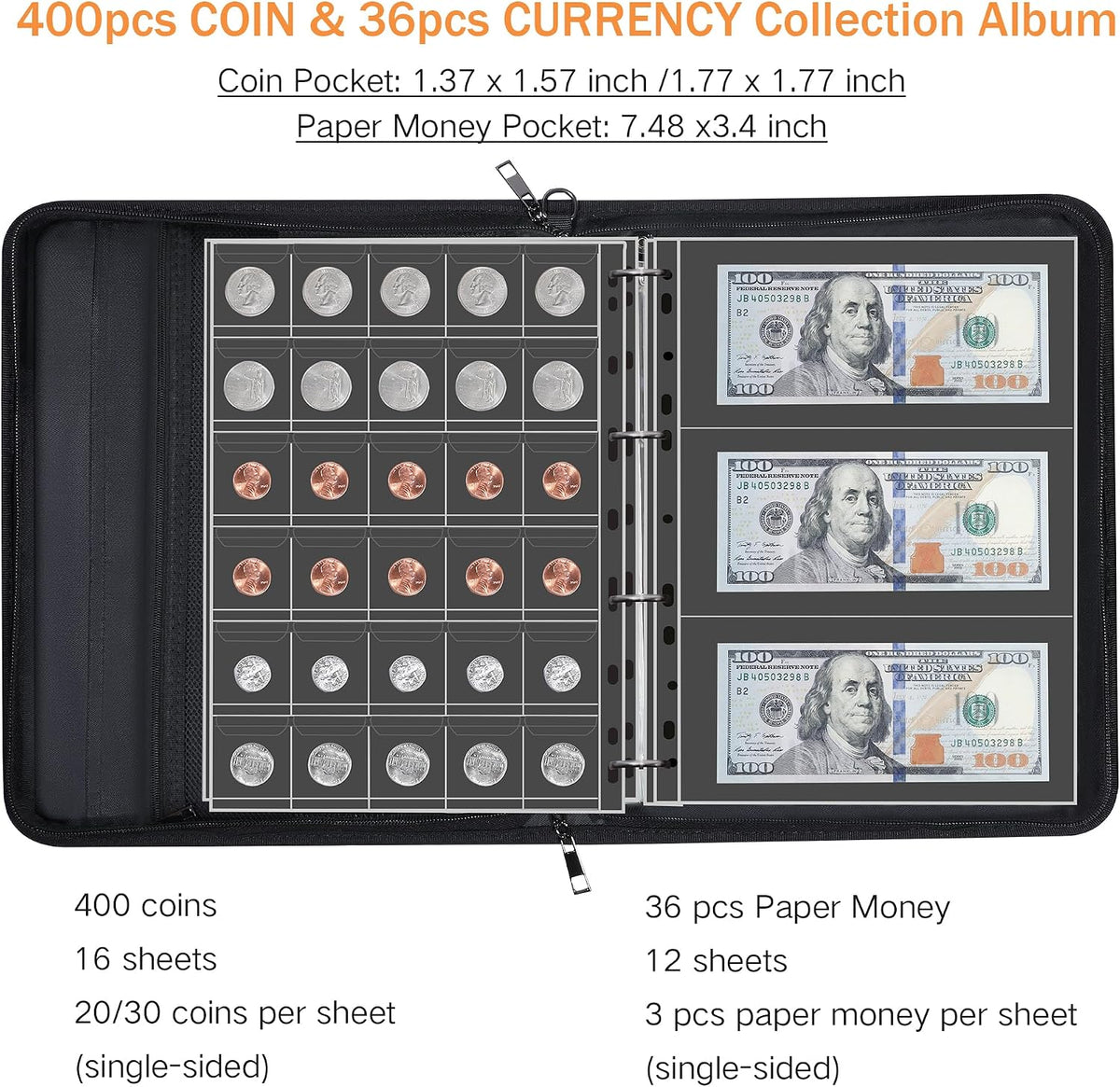 400-Pocket Fireproof Coin Book with Lock & 36 Paper Currency Binder Sleeves