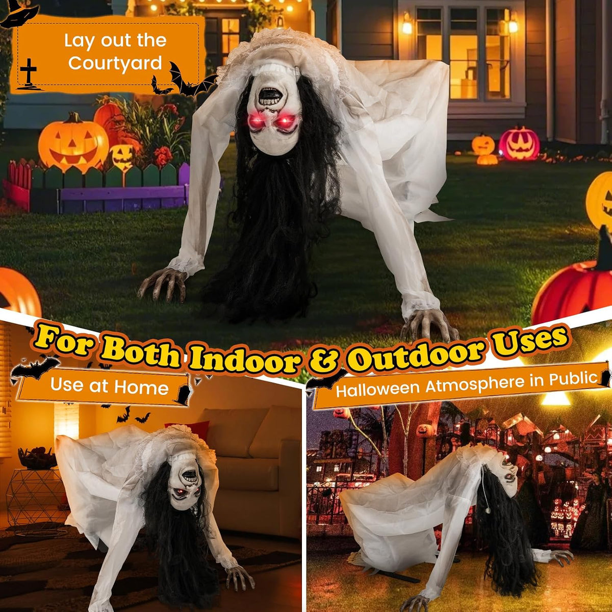Tangkula Animated Halloween Crawling Woman with Glowing Eyes, Life Size