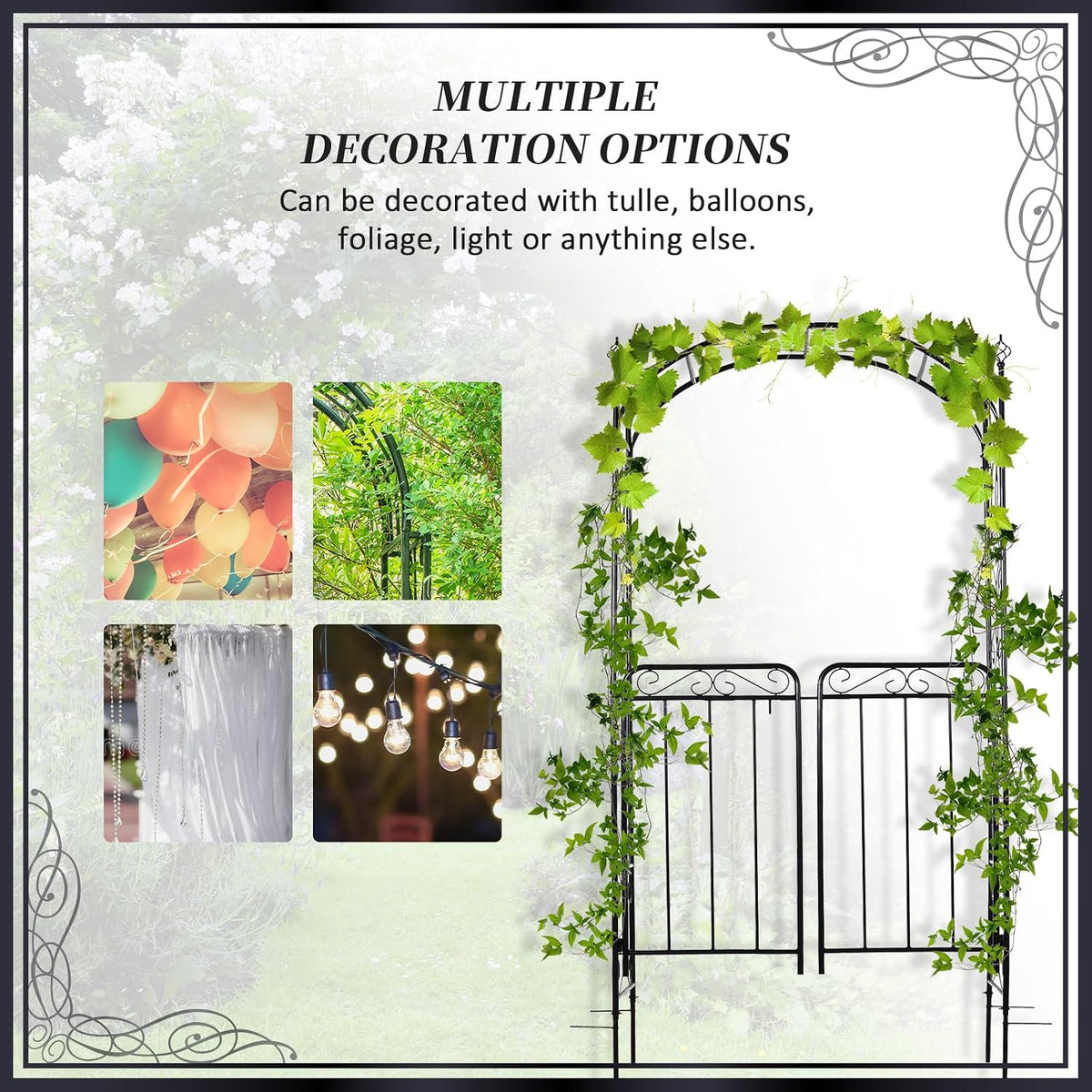 Outsunny 84" Garden Arch Arbor with Gate Metal for Climbing Vines Black