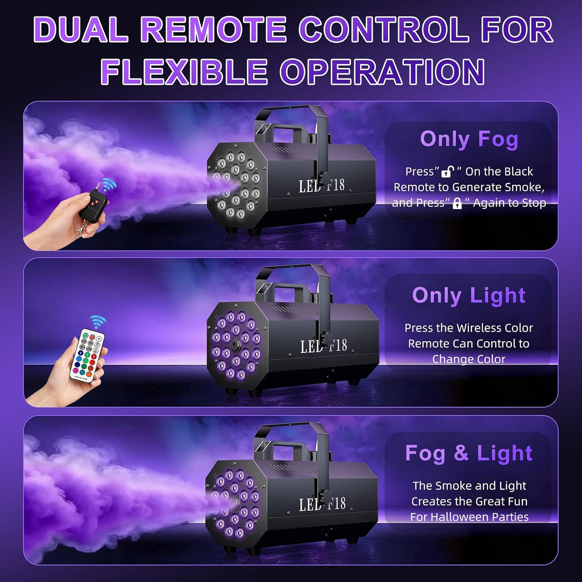 1200W Fog Machine, 6000CFM for Halloween, 18 LED Lights & Remote