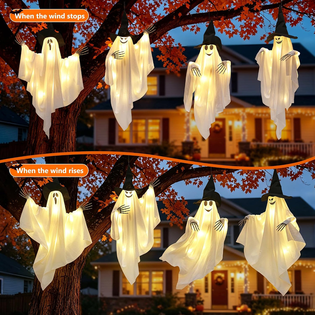 Dusk&Decorum 4 Pack Lighted Hanging Ghost Halloween Decorations with Witc...