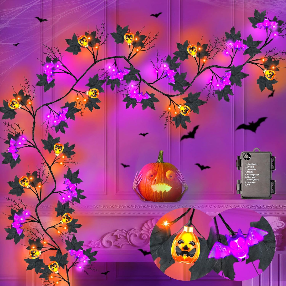 9FT 72 LED Halloween Willow Vine Twig Decor Black Halloween Garland with Pump...