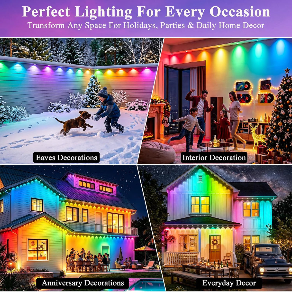 300FT RGB+IC Permanent Outdoor Lights, IP67 Waterproof, Smart App/Remote Cont...