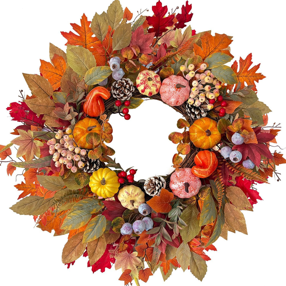HipTree 24In Fall Wreath Pumpkin Maple Berry Front Door Thanksgiving Decor