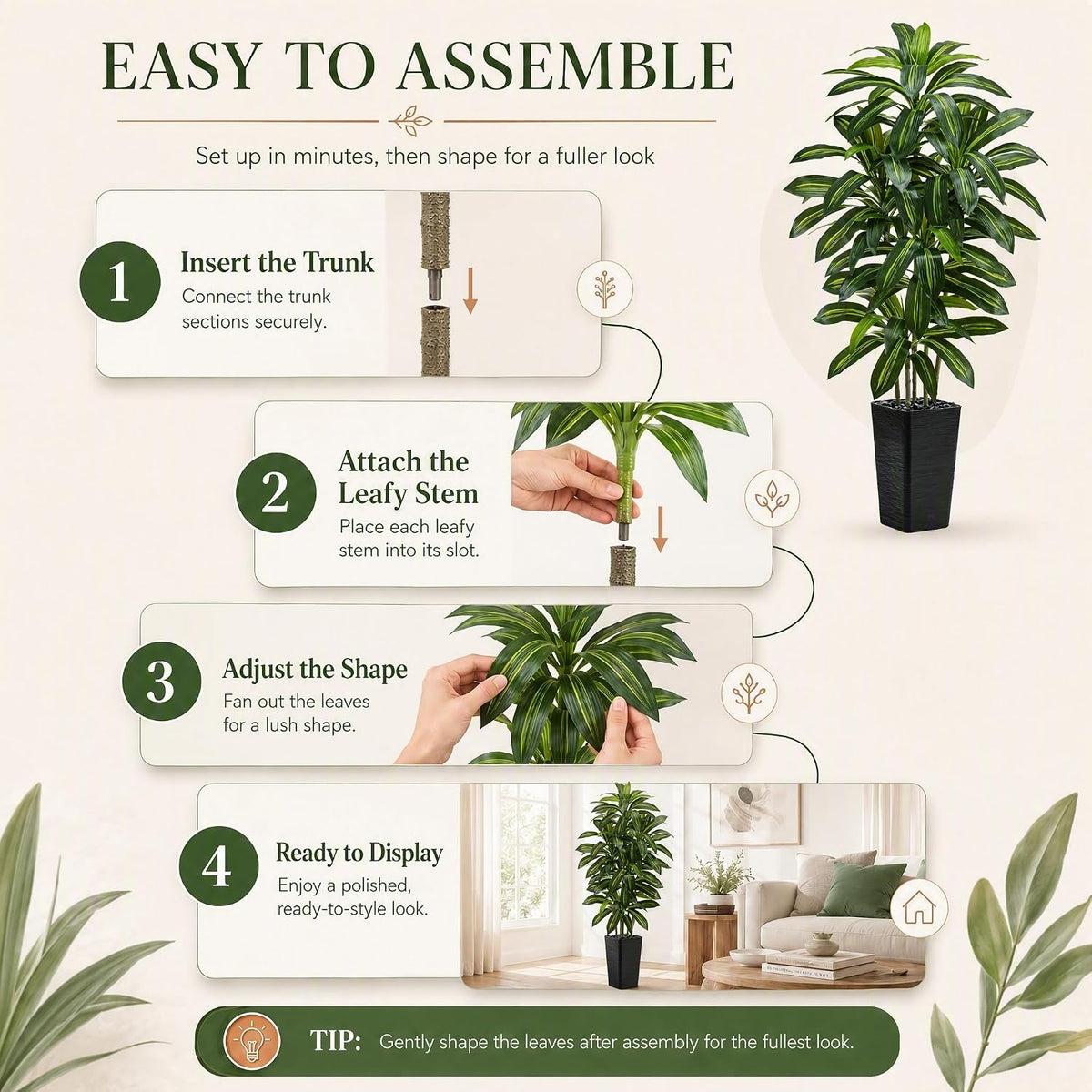 Artificial Dracaena Tree: 5FT Fake Plants Silk Faux Trees(Black Pot)