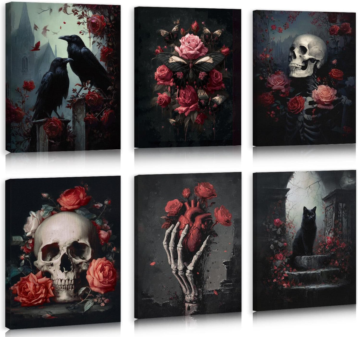 HPNIUB Vintage Skull Halloween Floral Framed Canvas Wall Art, Set Of 6 Piece ...