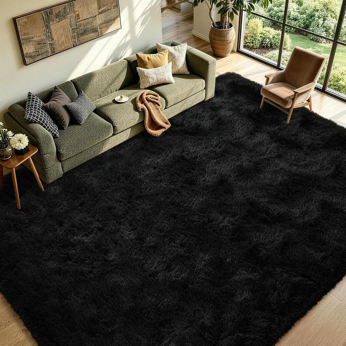 FinRèc Home 8x10 Non-Slip Fluffy Area Rugs for Living Room (Black)