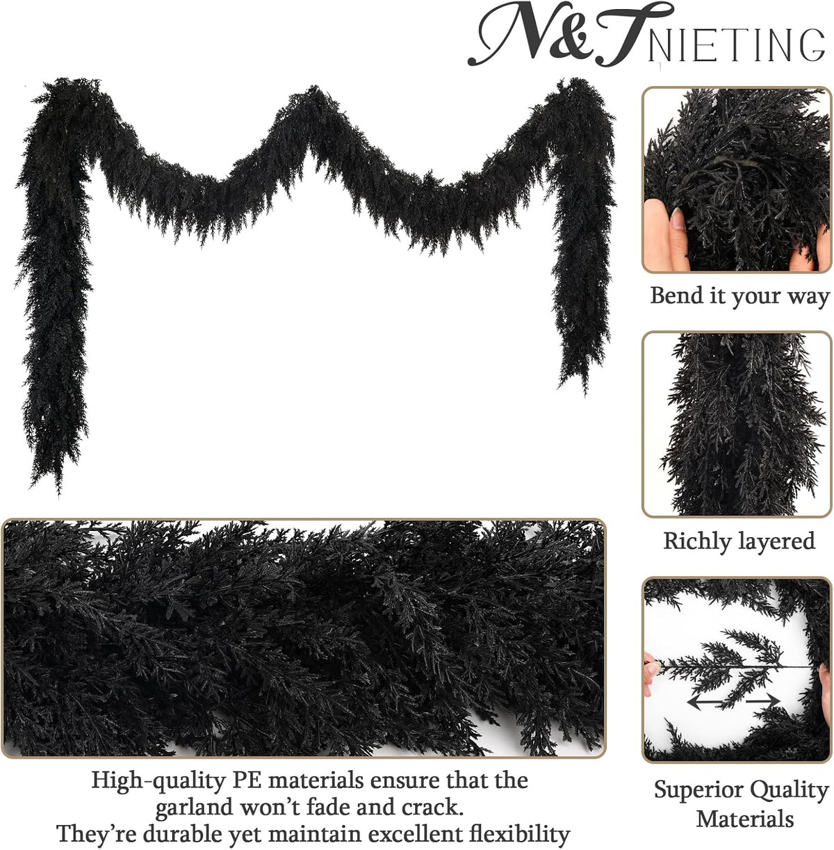 2PCS 9FT Halloween Cedar Garland, Black Real Touch Christmas Decorations