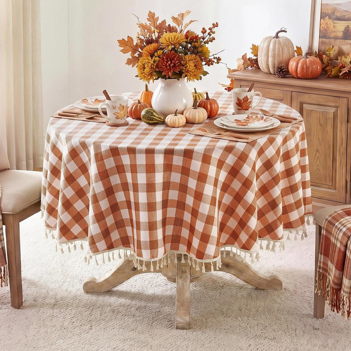 Romanstile Fall Gingham Tassel 70 Inch Round Tablecloth, Orange