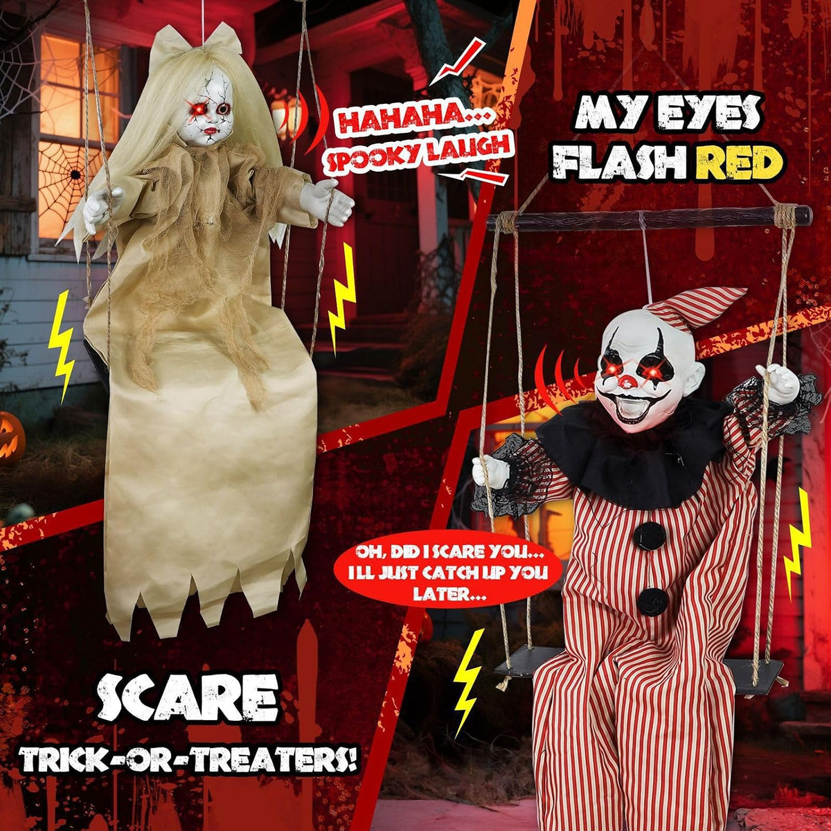 2 Pack Hanging Halloween Decorations Outdoor Swinging Clown & Girl Ghost