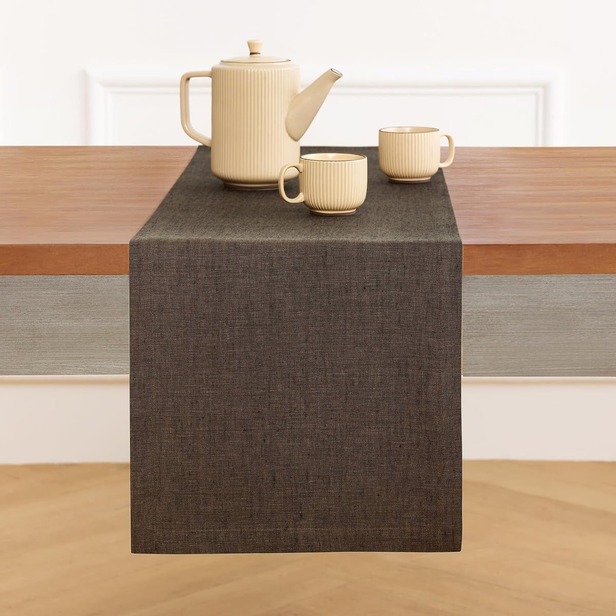 Solino Home 100% Pure Linen Table Runner 108 Inches Long, Brown 14 x 108 in
