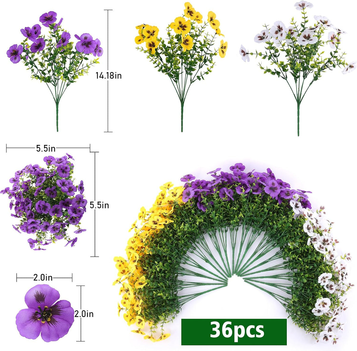 Rowfad 36 Pcs Artificial Fake Pansy Flowers for Outdoor, Faux Silk Pansies Sp...