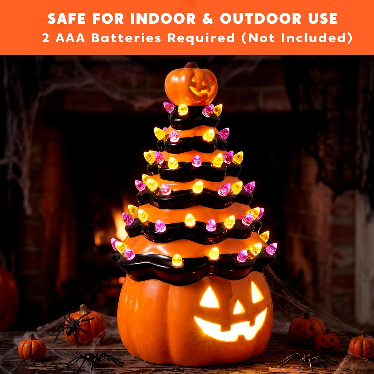 JOYIN 8.5 Inch Halloween Orange Pumpkin Ceramic Tree with Multicolor Bulbs, L...