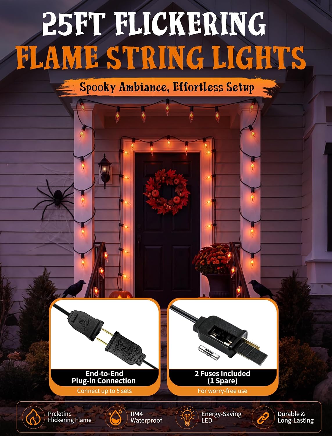 25Ft C18 Flickering Flame String Lights, Outdoor Halloween Decorations