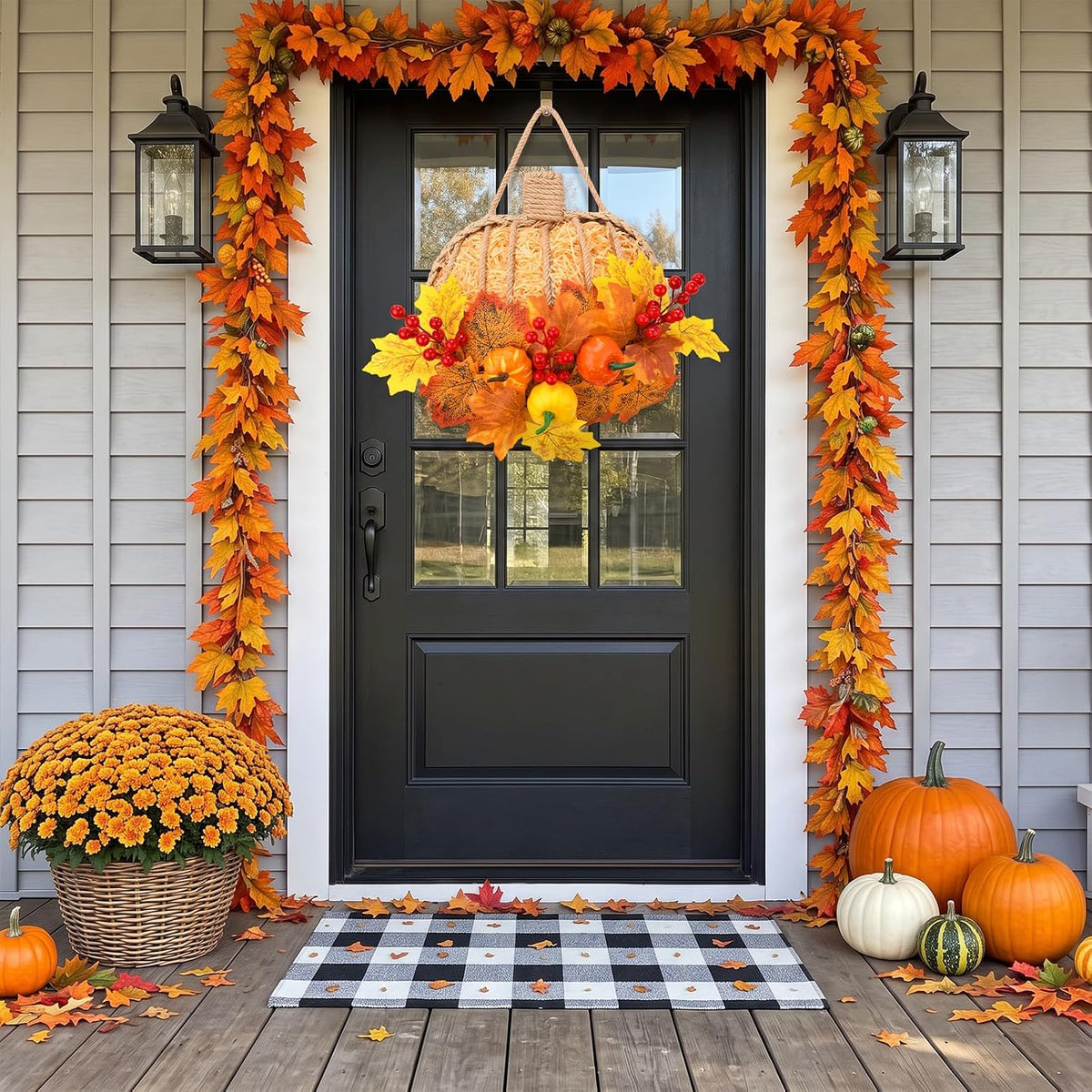 13 Inch Fall Pumpkin Wreath for Front Door, Artificial Pumpkin Maple Leaves
