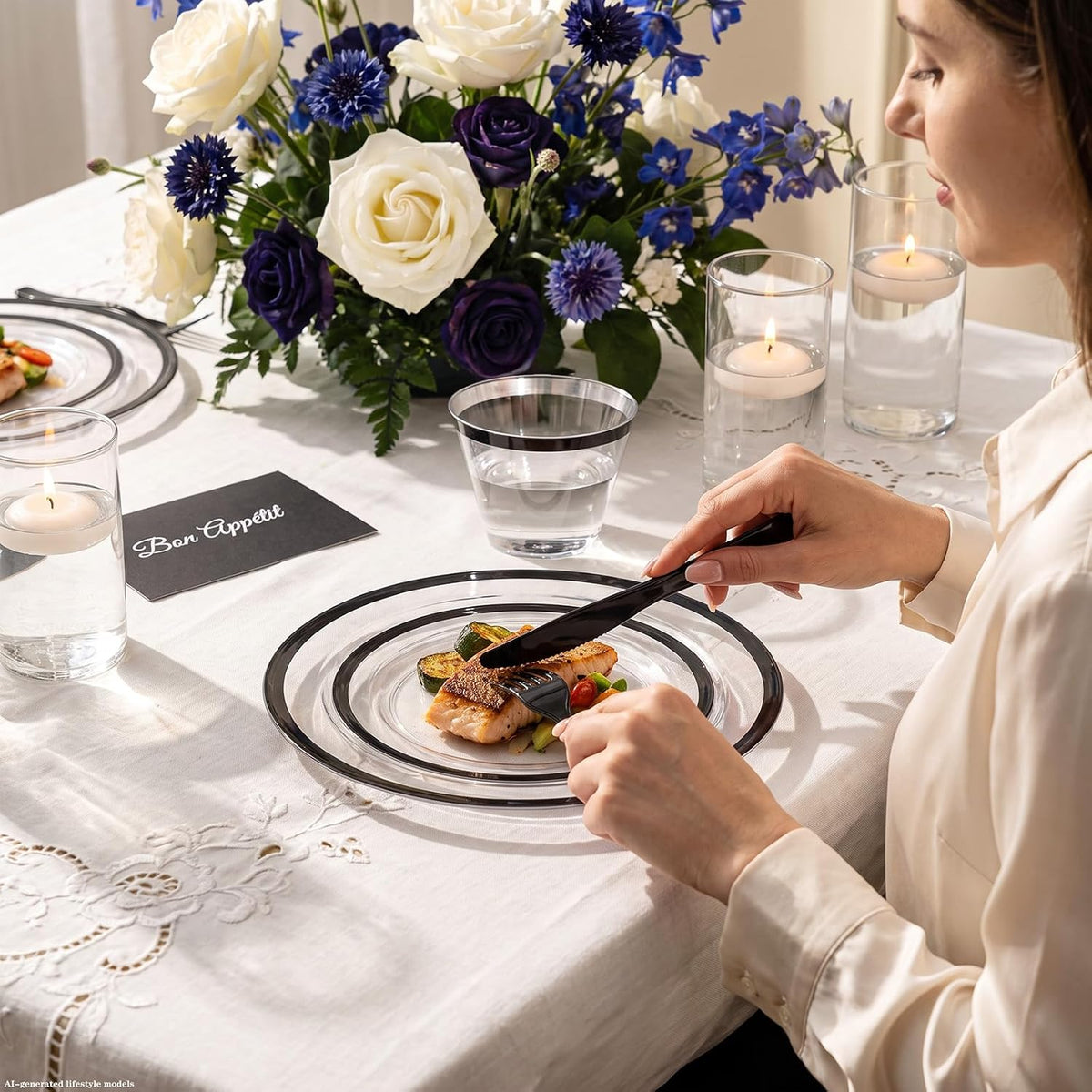 I00000 350Pcs Black Plastic Dinnerware Set,Disposable Plates for 50 Guests