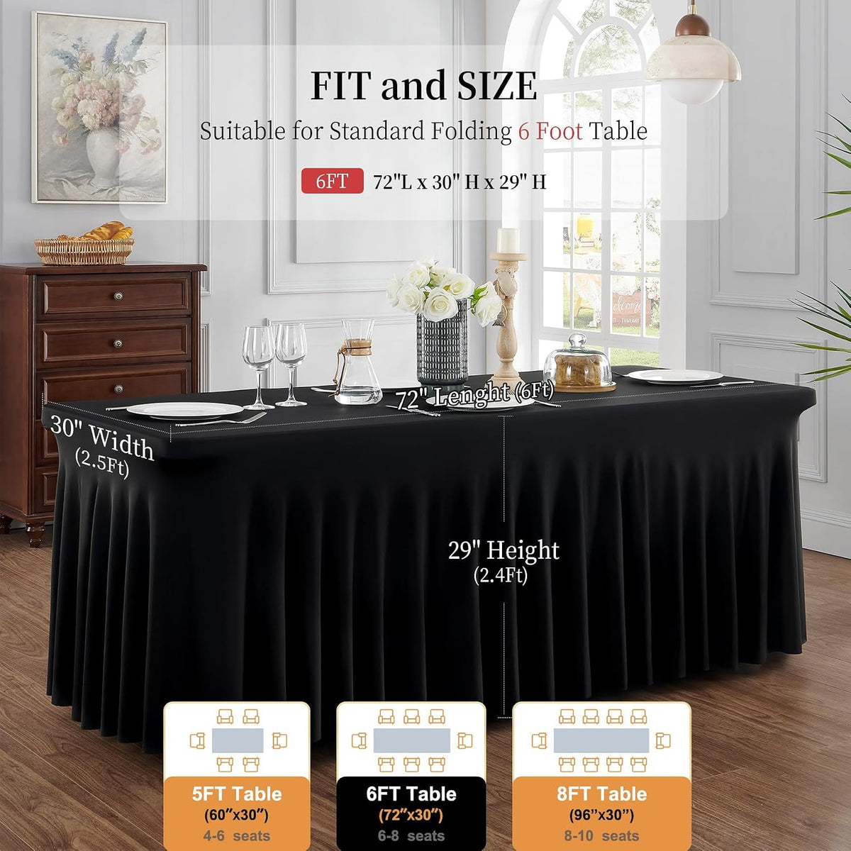 Spandex Tablecloth 6FT Rectangle Table Cover 3 Pack Black Wrinkle-Free