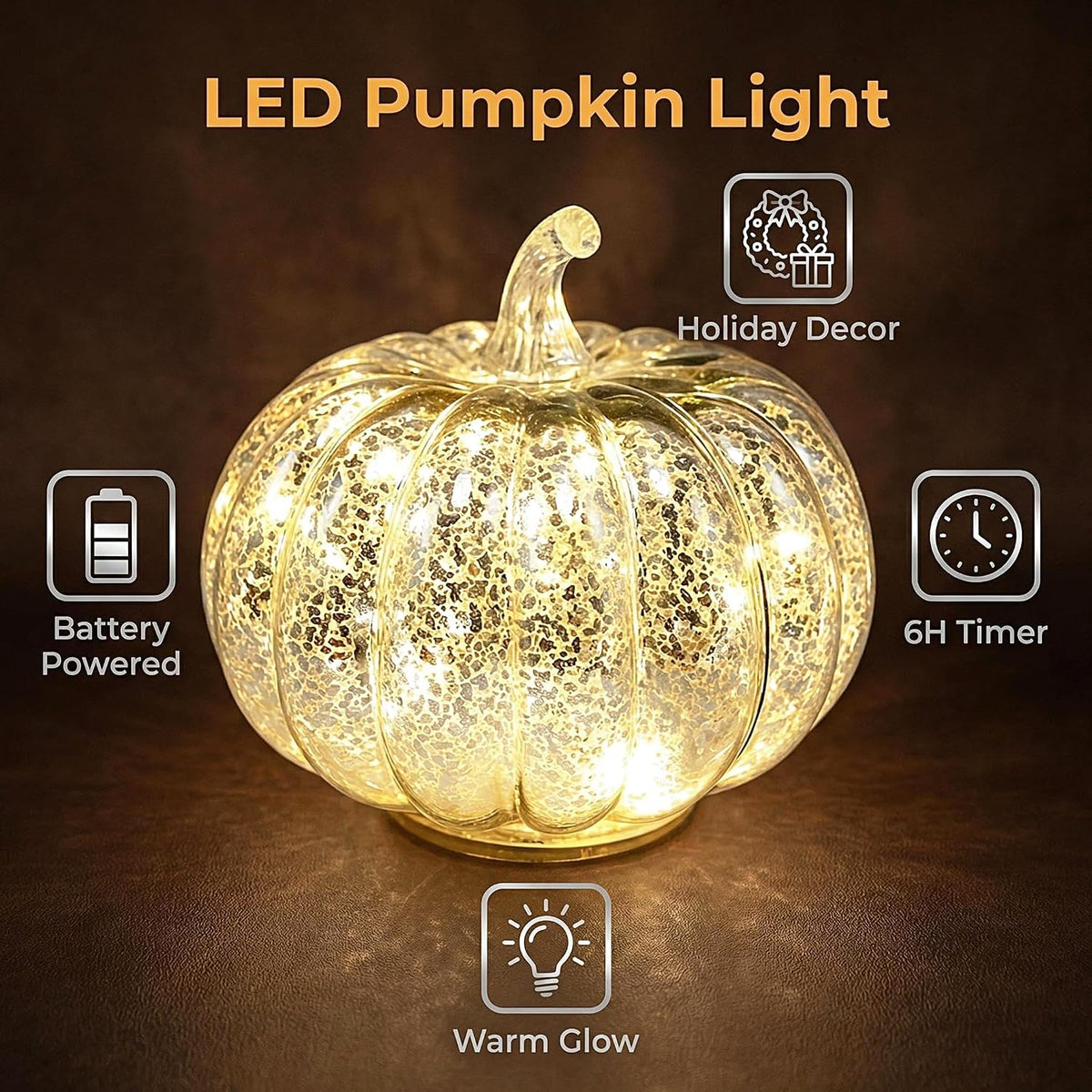 Fall Decorations for Home,Mercury Glass Pumpkin Lights with Timer(Silver)