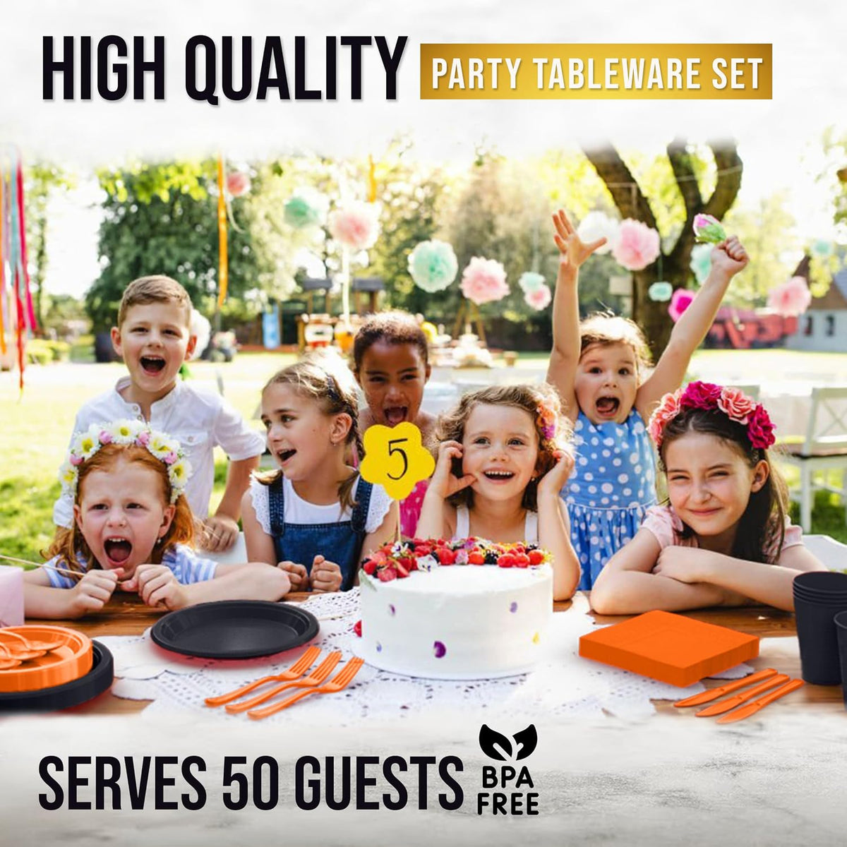 Exquisite 350 Pcs Orange & Black Plates & Napkins Party Plate Set