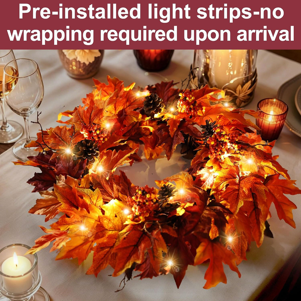 Ghrdopy 24in Fall Wreath for Front Door with 20 Lights & Timer