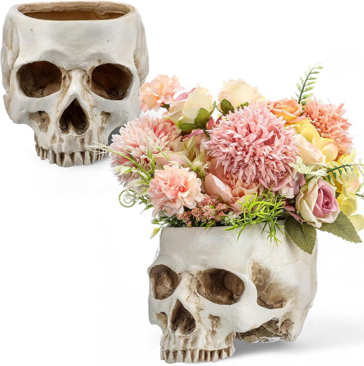 2 Pack Halloween Skull Planter, Antique White, Classic