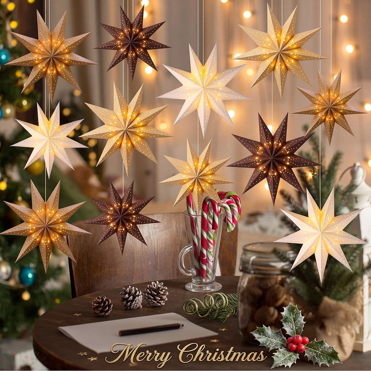 Youyole 12 Set Christmas Paper Star Lantern with Lights, 9 Pointed