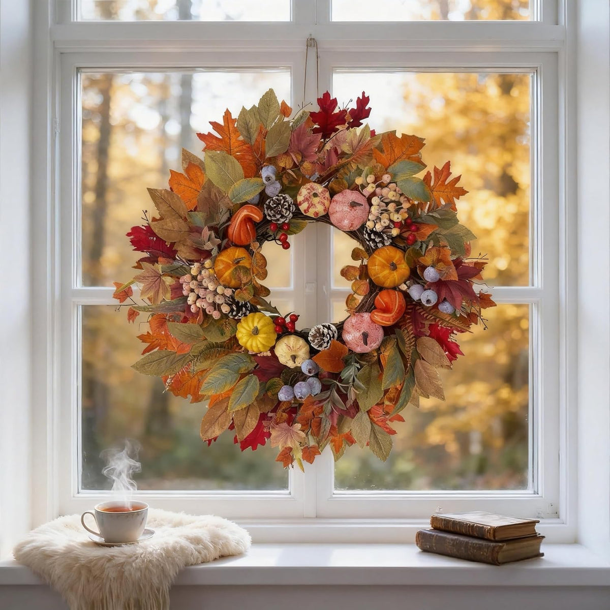 HipTree 24In Fall Wreath Pumpkin Maple Berry Front Door Thanksgiving Decor