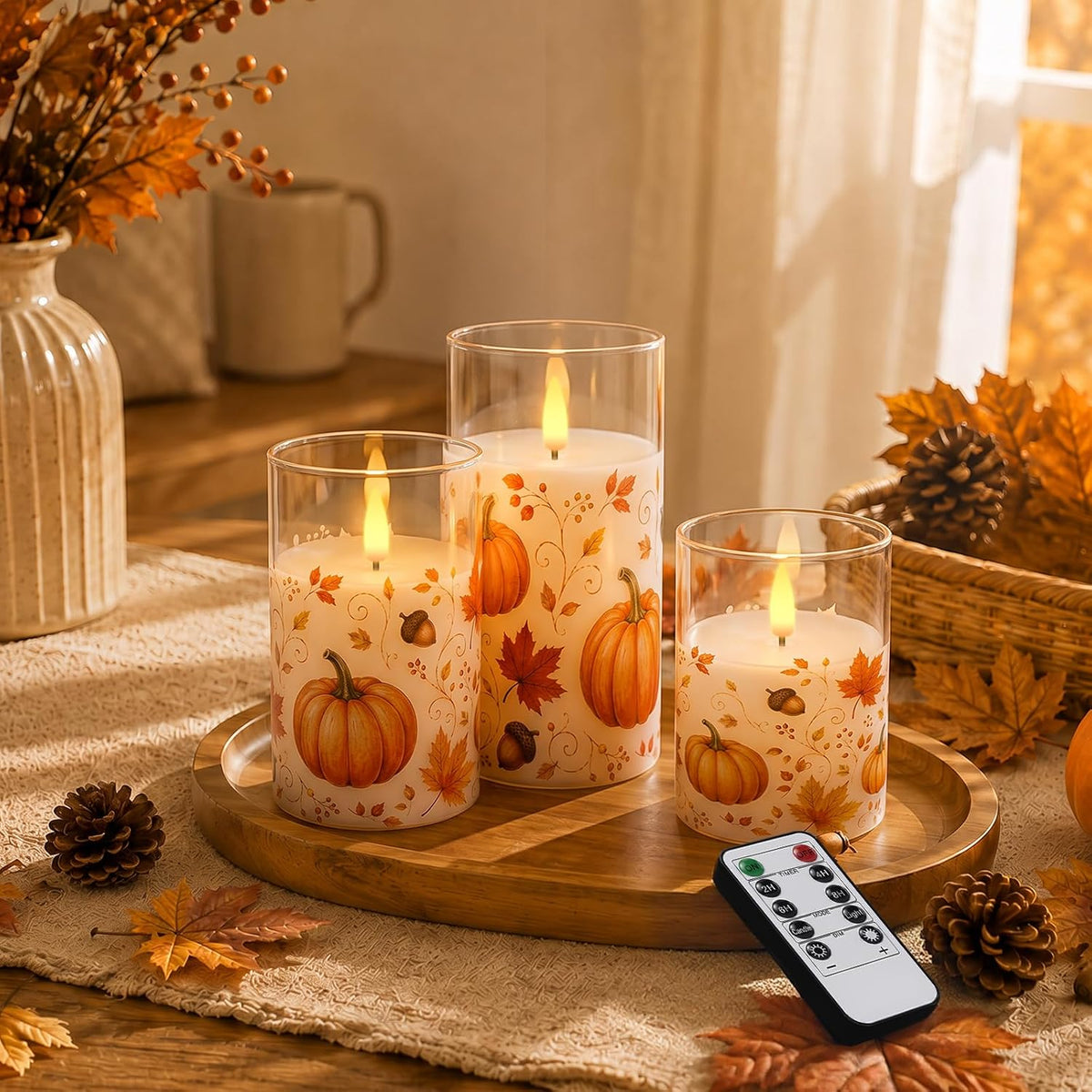 Raycare Fall Flameless LED Pillar Candles Battery Powered with Remote Timer