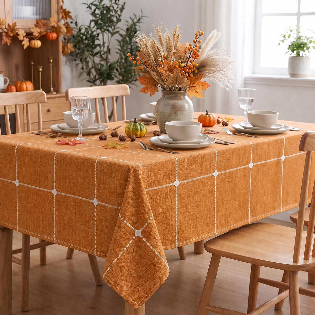 Horaldaily Farmhouse Plaid Tablecloth, Orange, 60×84 Inch Rectangular