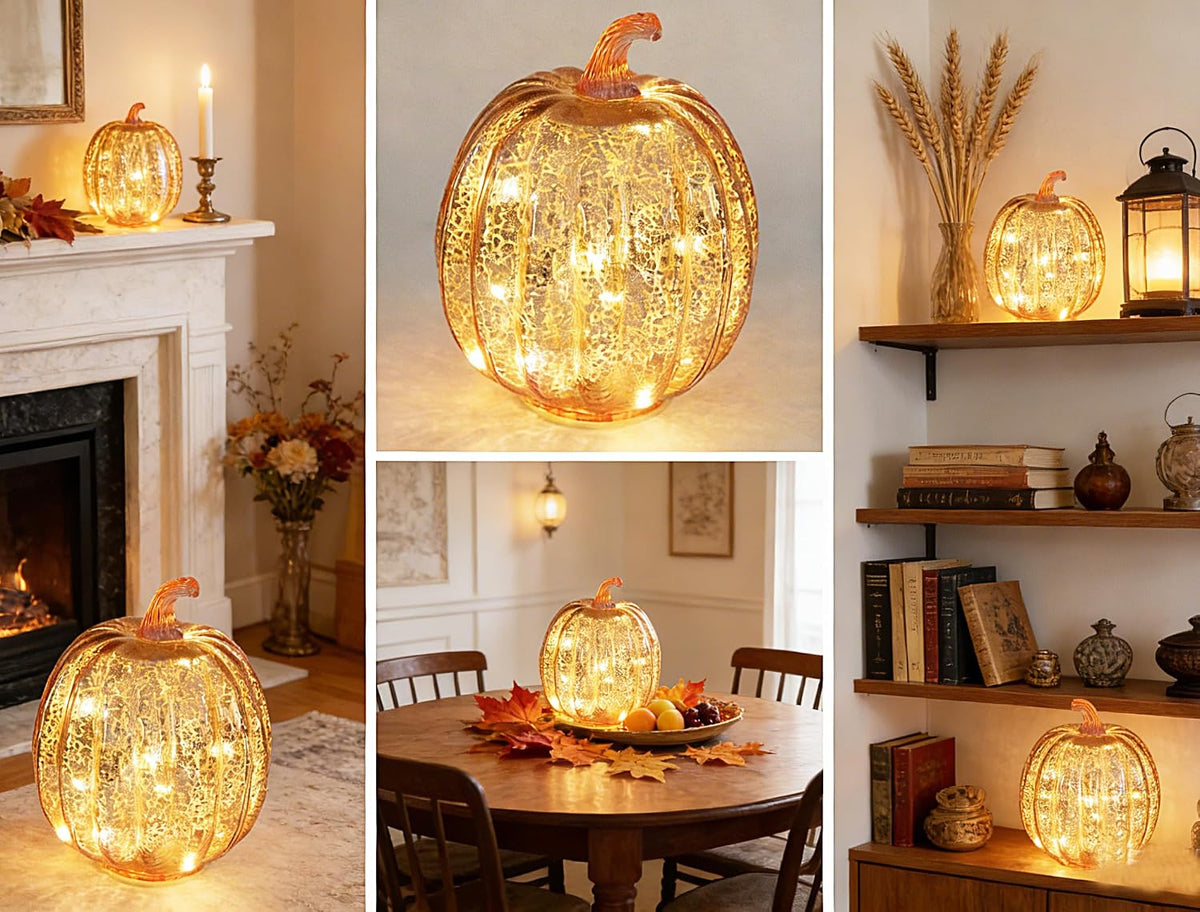 Fall Decorations for Home,Mercury Glass Pumpkin Lights with Timer(Rosegold)