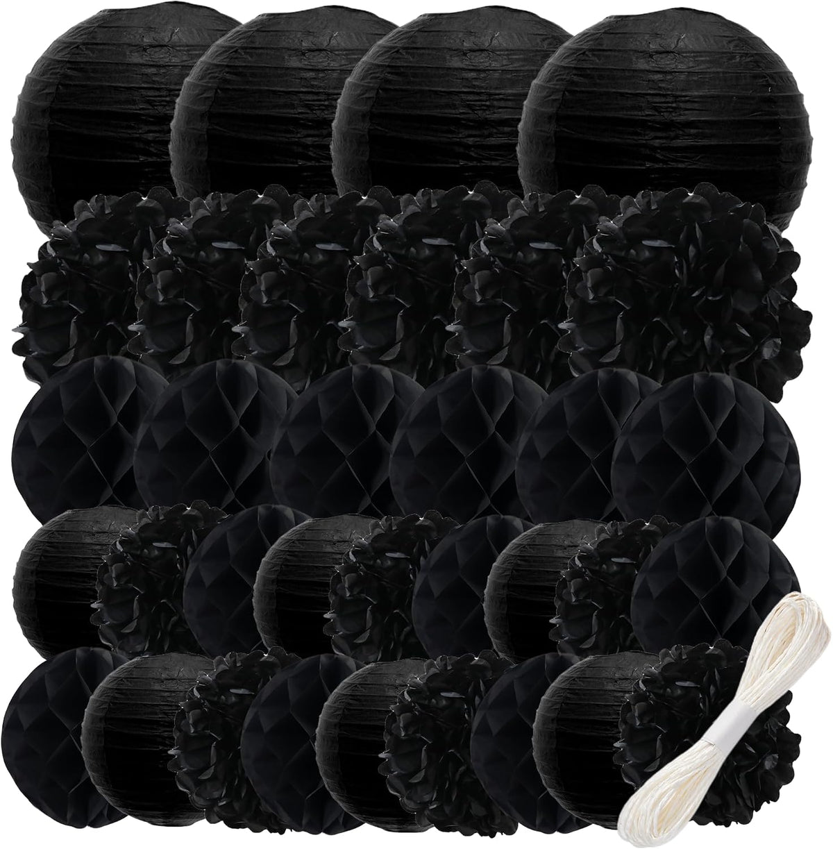 WOLHOWLTD Black Paper Decoration Set - 34 Pcs Paper Lanterns, Pompoms, Honeyc...
