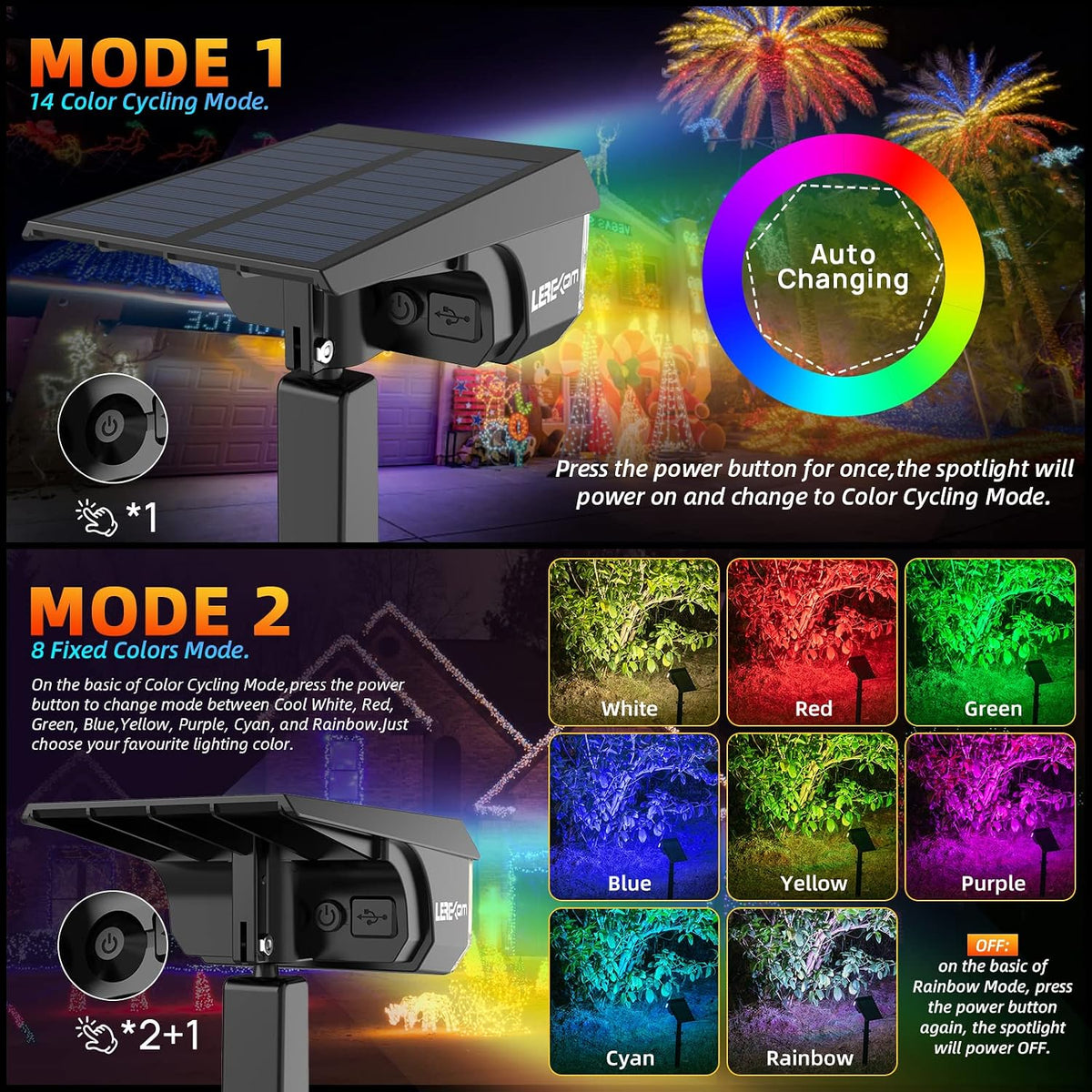 LEREKAM Color Solar Light Outdoor Waterproof Spotlights with 9 Light Modes, C...