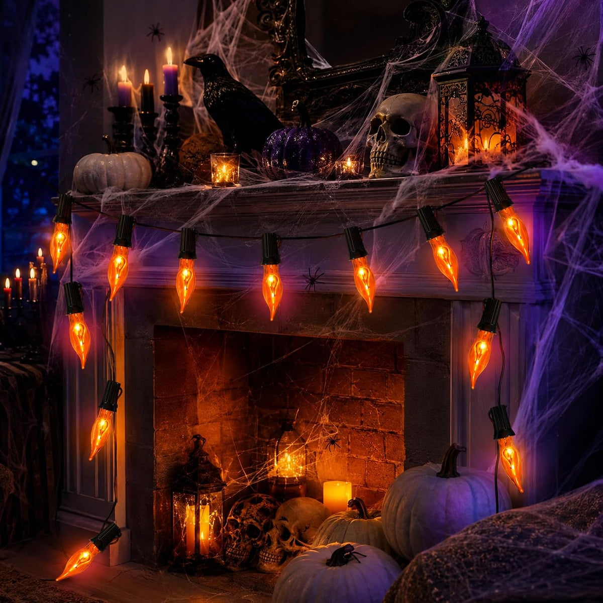 Halloween Lights 27.8 FT Flickering Flame String Lights with 25 Orange C18 Li...