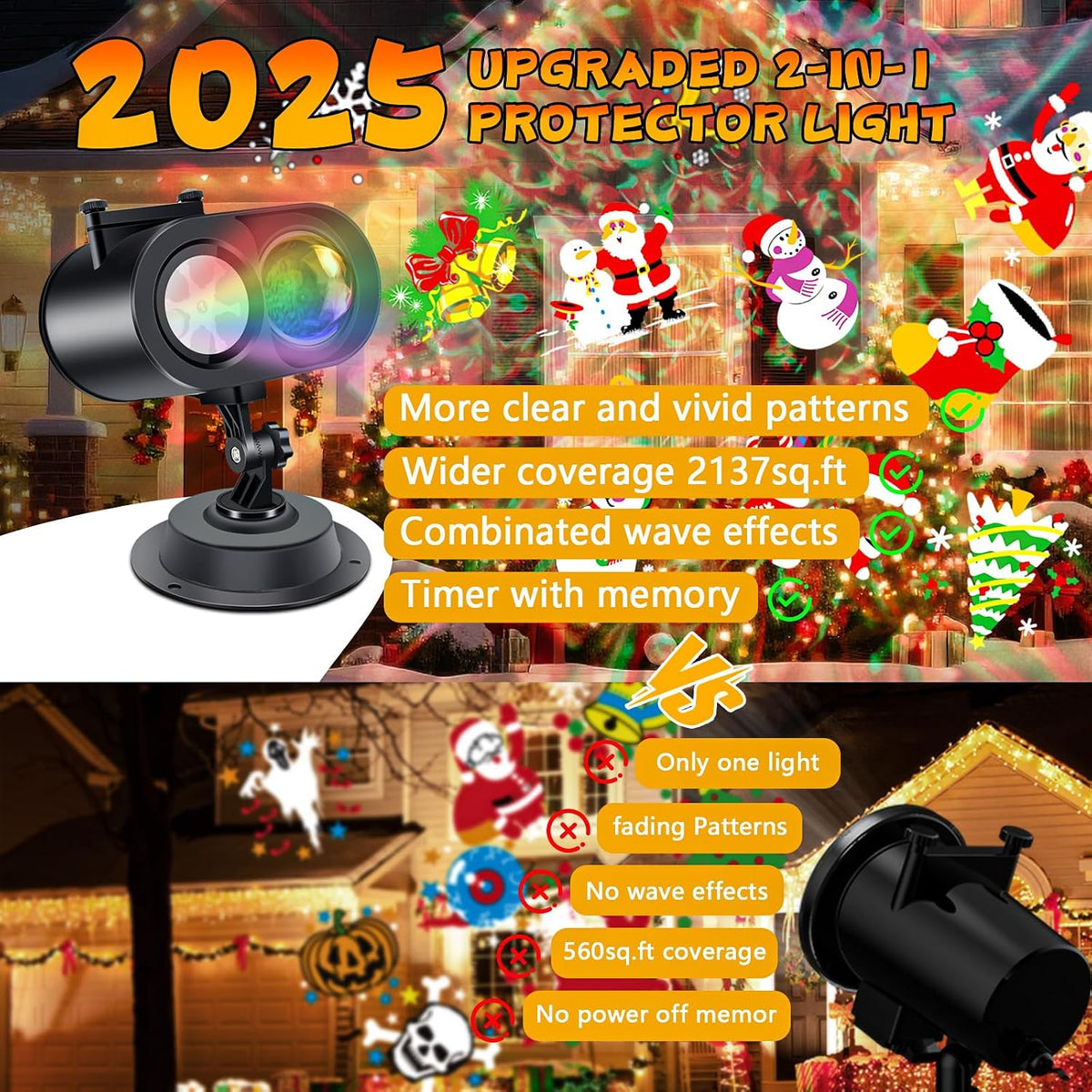 Halloween Projector Lights Outdoor, 2-In-1 HD Moving Pattern Holiday Projecto...
