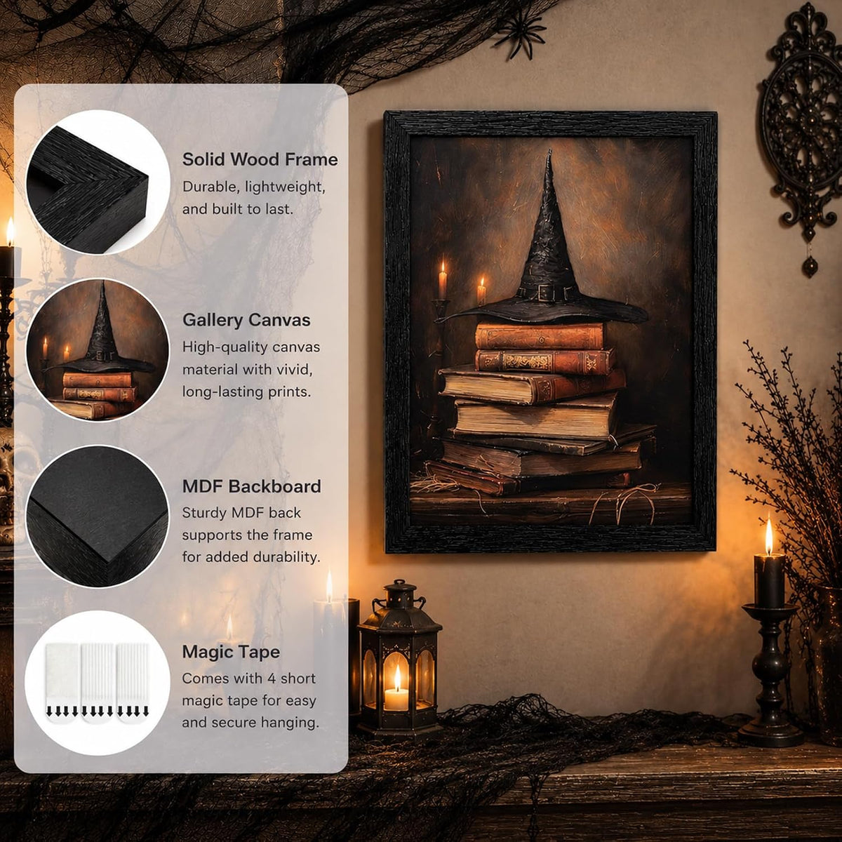 Framed Halloween Wall Art Witch Hat and Spell Books Pictures Painting Dark Ac...