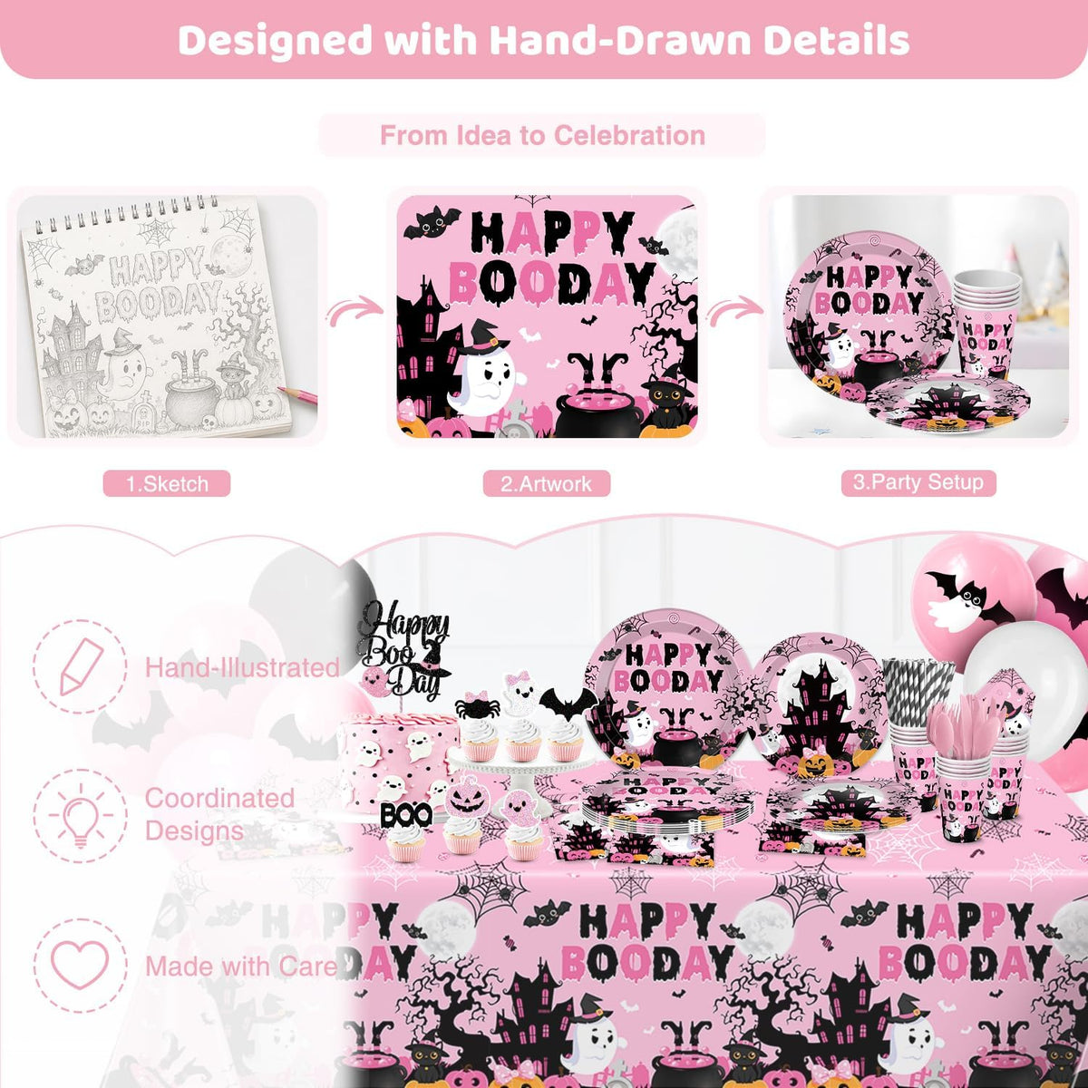 Happy Booday Party Decorations, Pink Halloween Birthday Decorations for 24