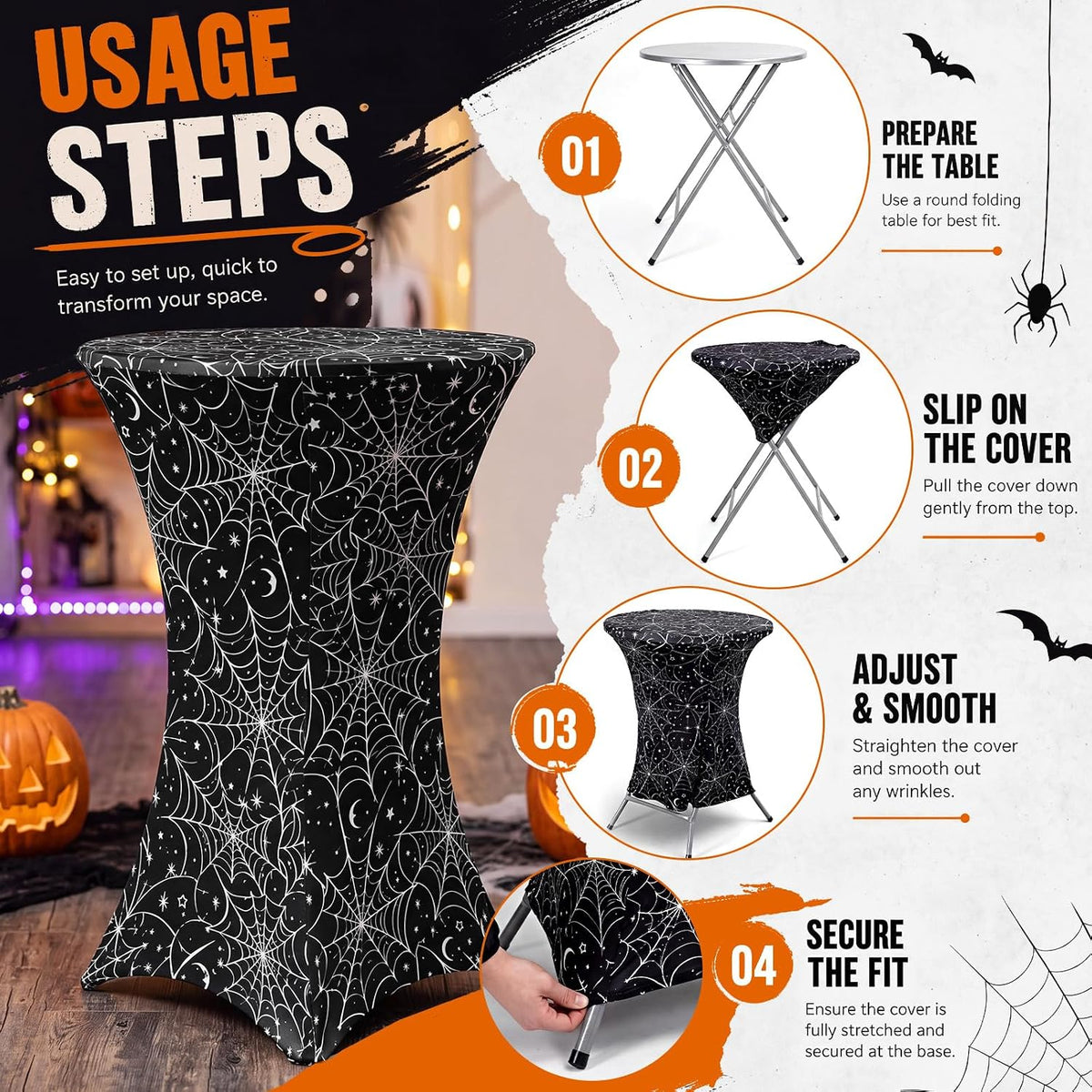 4 Pack Halloween Cocktail Tablecloth, Round High Top Table Covers