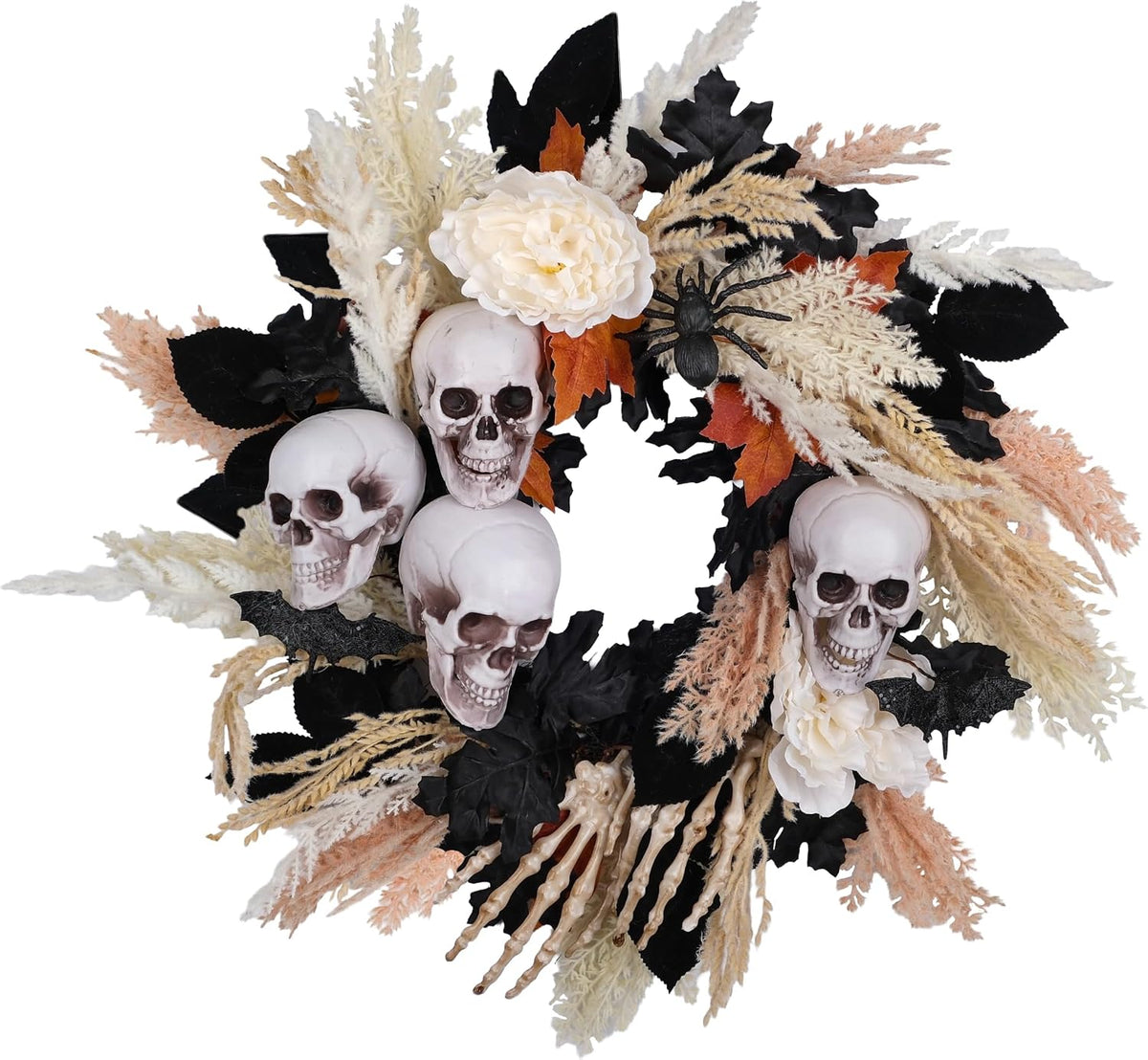 24" Halloween Wreath for Front Door with Artificial Skulls, Wheat, Maple...