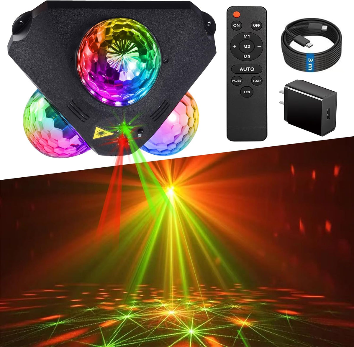 Yinpkteo 4 in 1 Disco Ball DJ Party Lights, 3 RGB Disco Lights+Red and Green ...