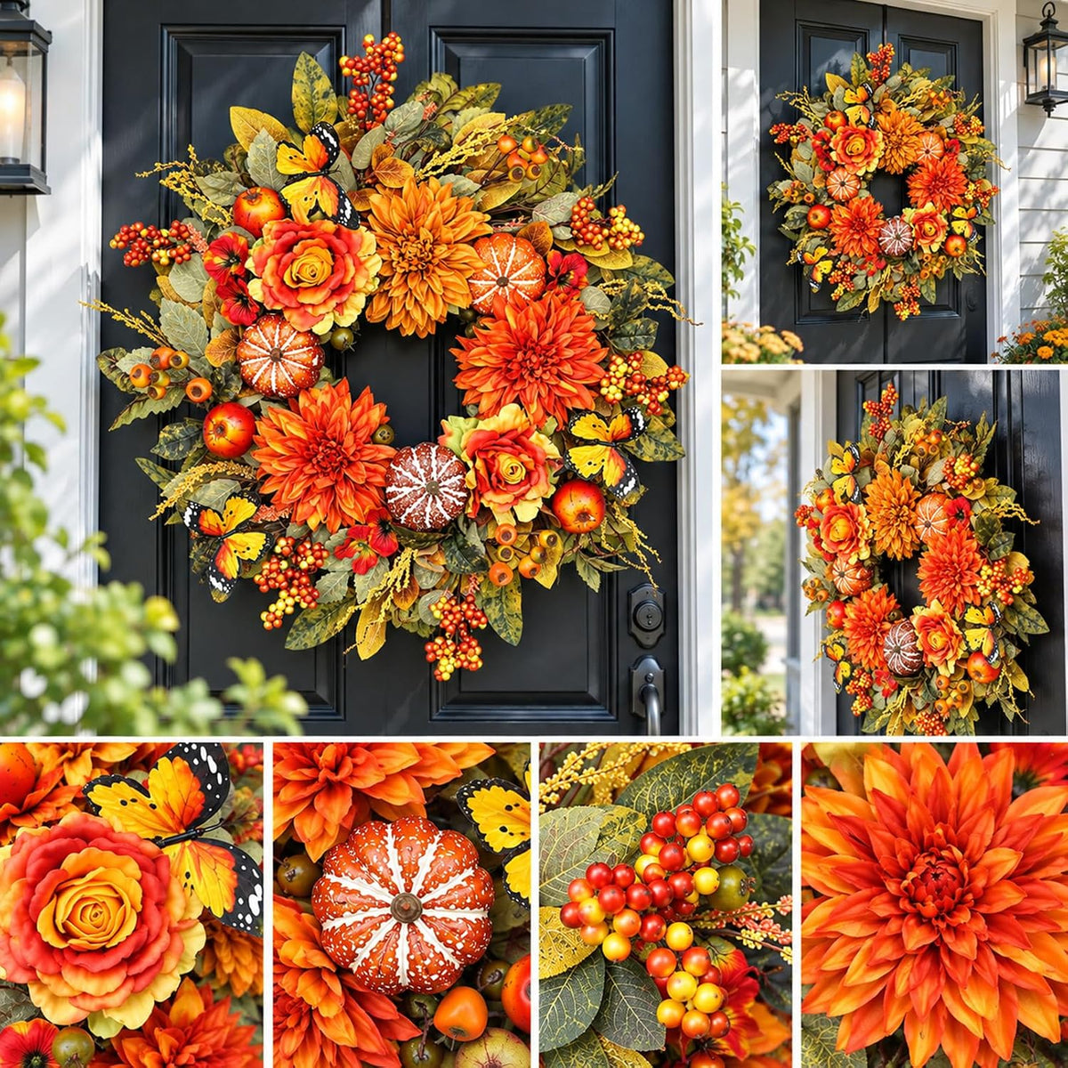 26 Inch Fall Wreaths for Front Door, Large Autumn Harvest Wreath with Pumpkin...