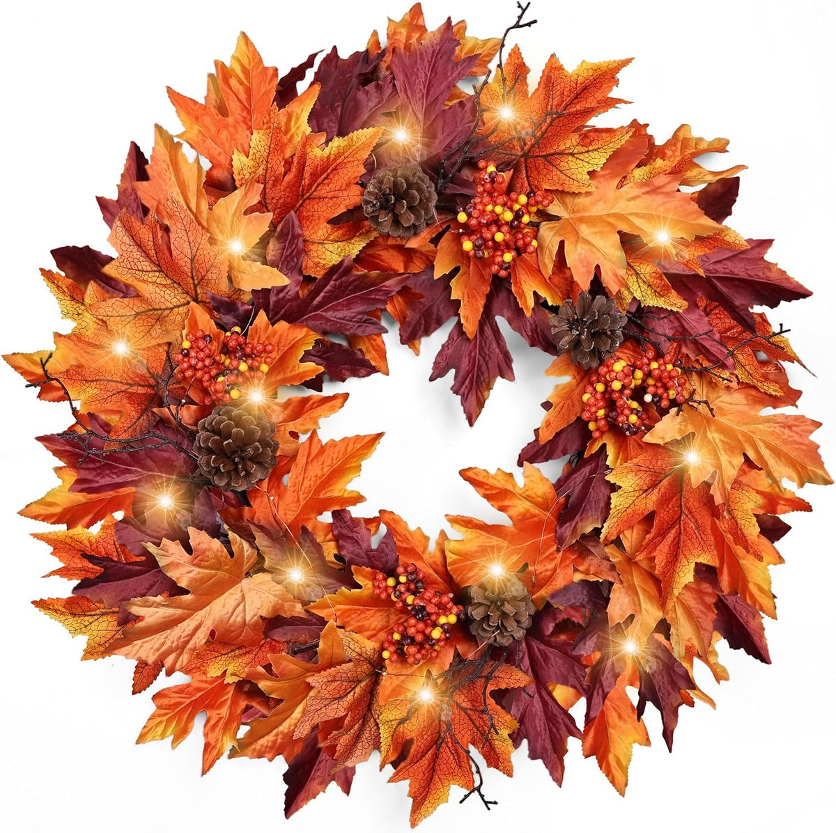 Ghrdopy 24in Fall Wreath for Front Door with 20 Lights & Timer