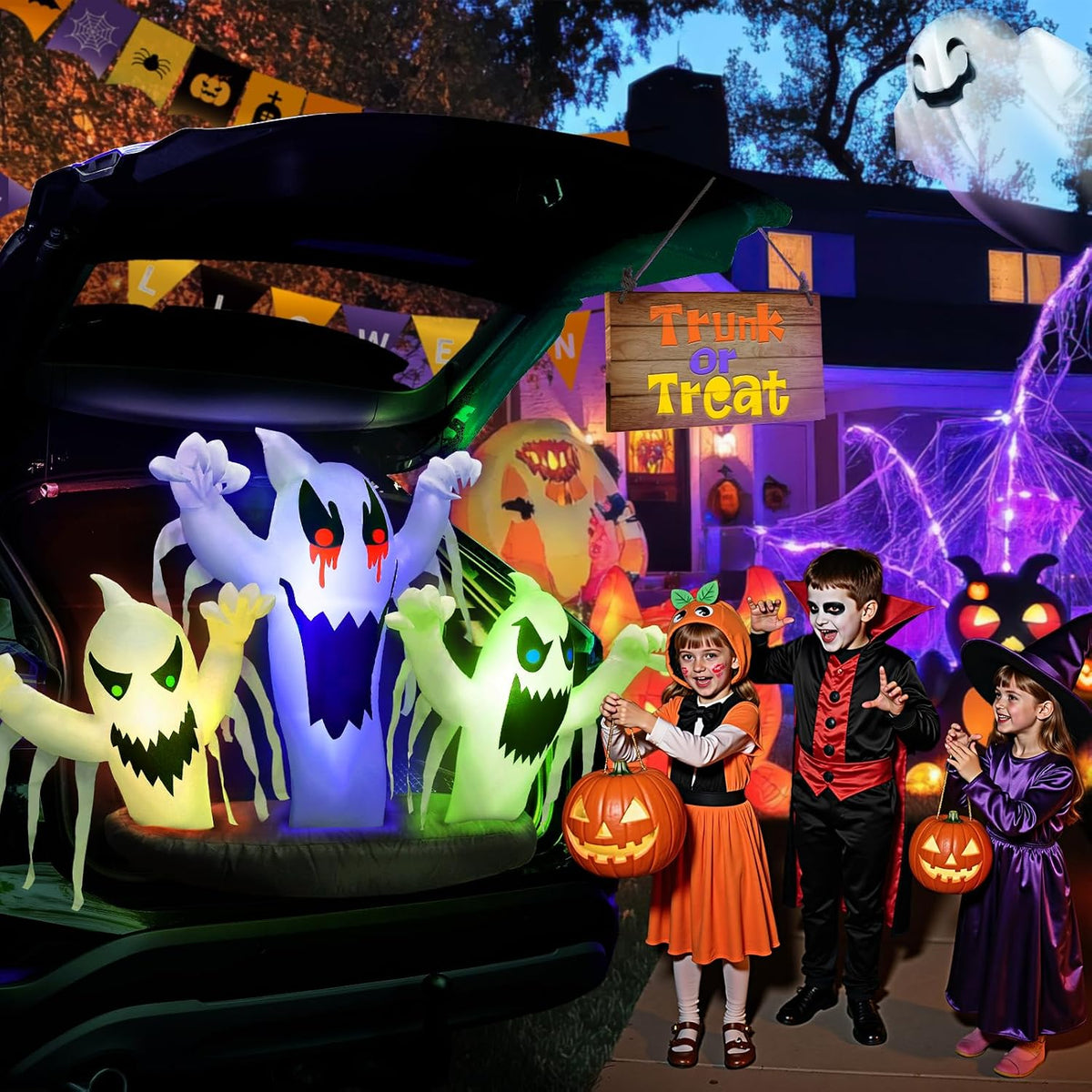 Trunk or Treat Car Decorations Kit 5ft Inflatable Ghost with Built-in LEDs, H...