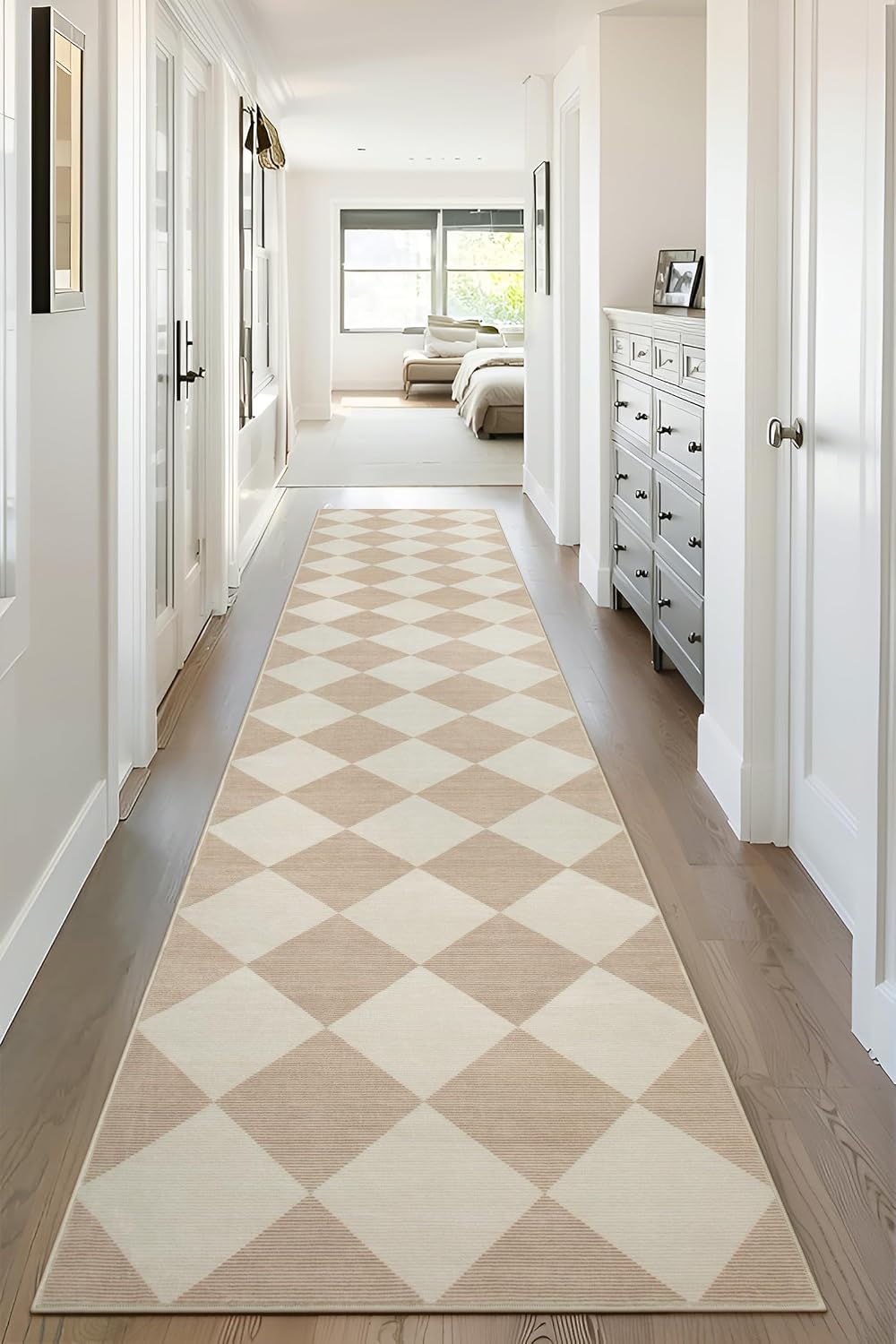 Beeiva Checkered Print Carpet Runners for Hallway 12ft, Beige Neutral Washabl...