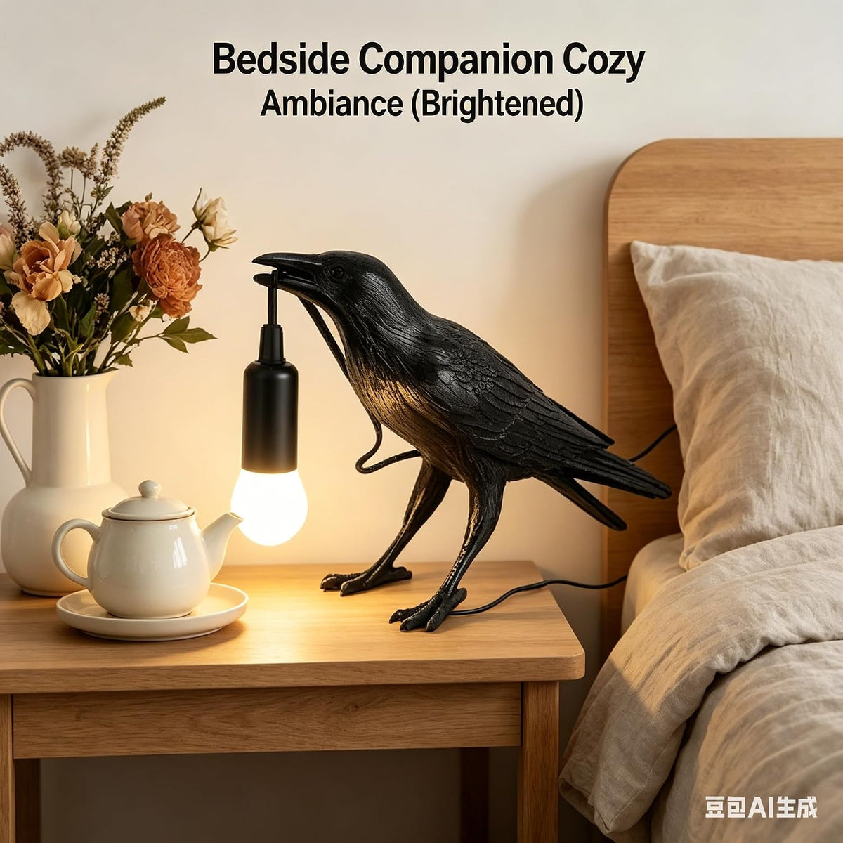 Shandaglo Raven Lamp Gothic Decor, Black Crow Table Light with LED Bulb E12