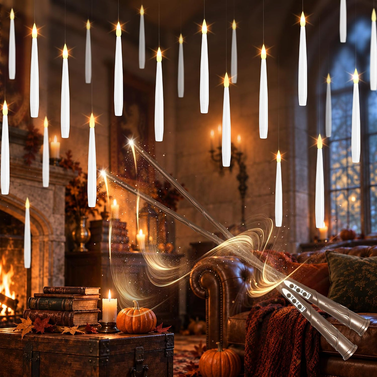 LUSHARBOR Floating Candles with Wand, Halloween Magic Flameless Candles
