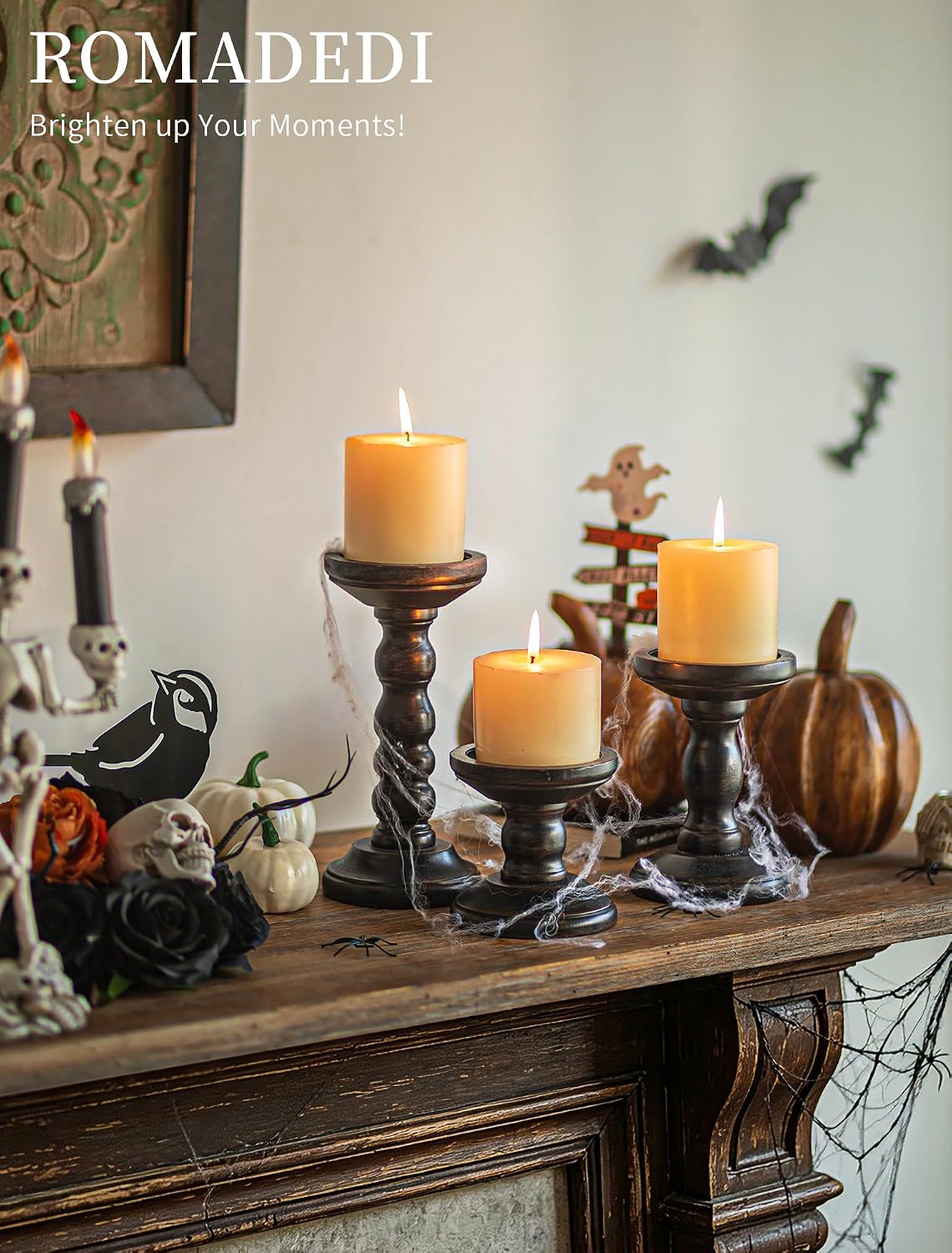 Romadedi Solid Wood Pillar Candle Holder, Black, Set of 3, 8.3/5.9/3.9-in
